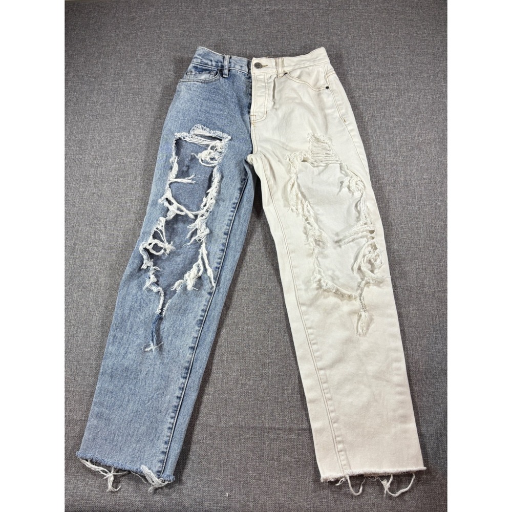PacSun Size 25 Two Tone Split Distressed Jeans High Rise Button Fly Raw Hem‎ Y2K